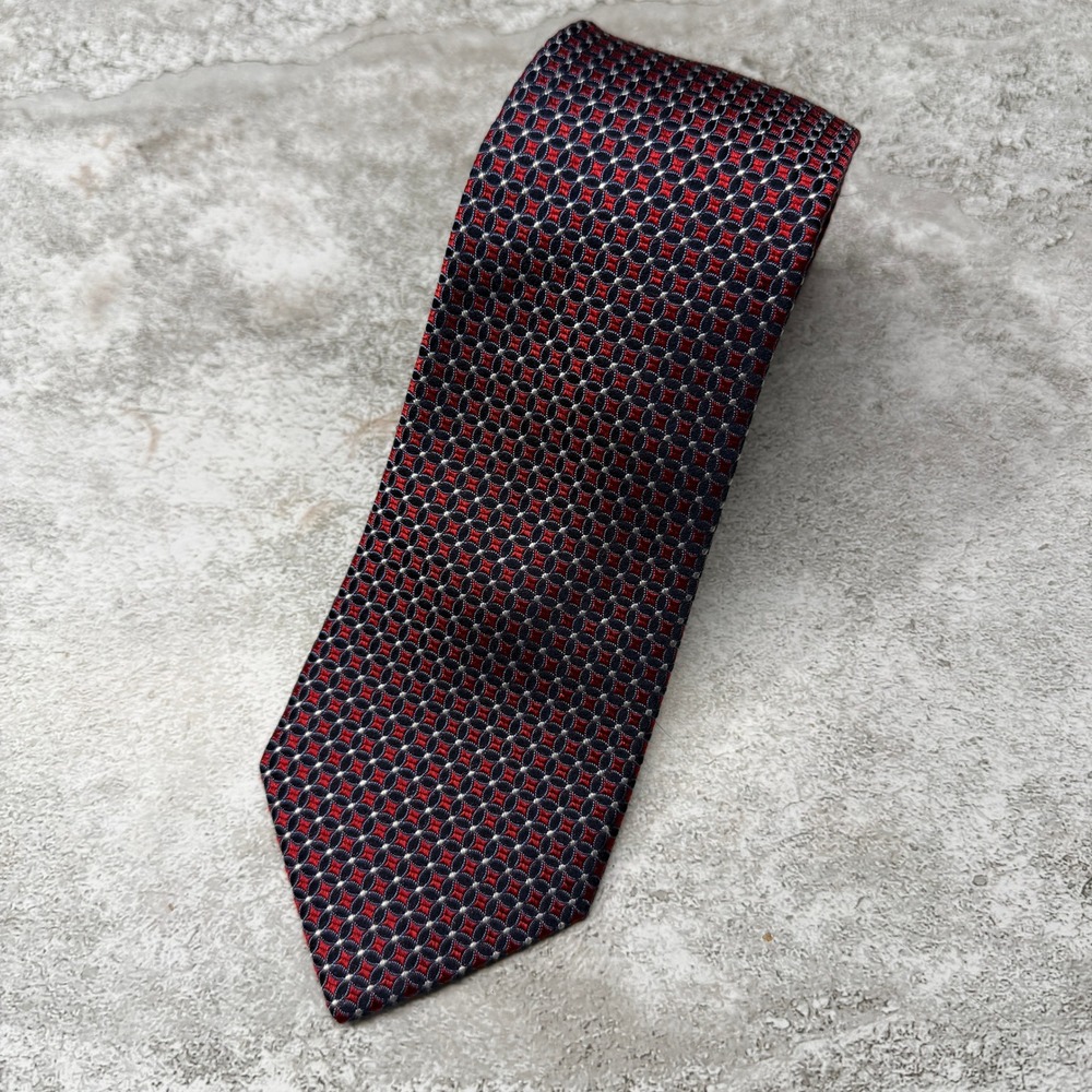 Bruno Piattelli Necktie Mens OS Red Navy Blue Geometric Silk Hand Made
